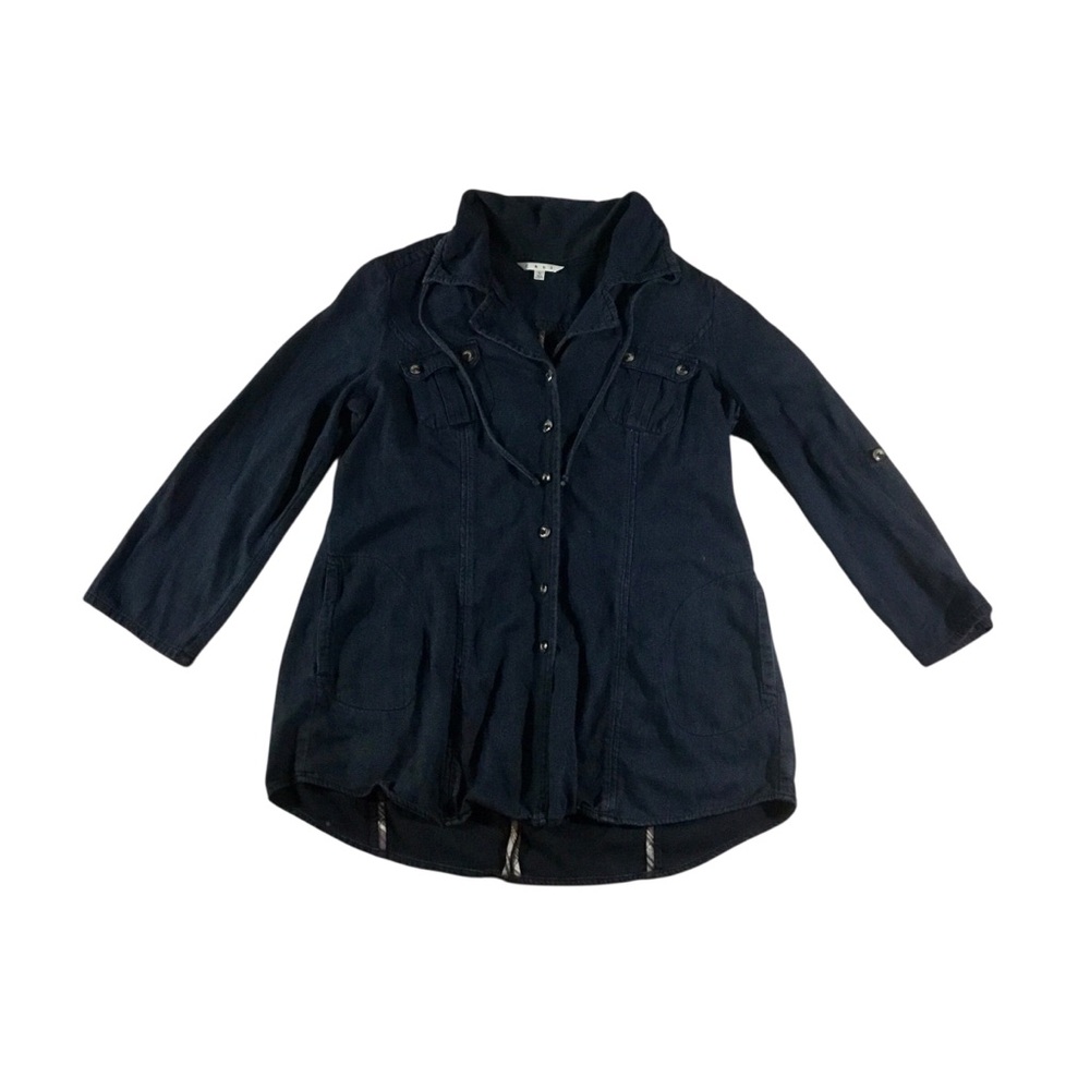 CAbi Long Cotton Denim Jacket Shaket Style 340 Large Tie Back